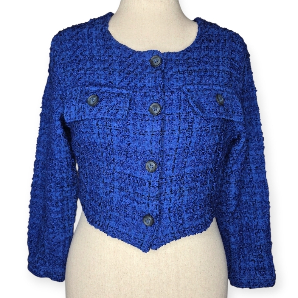 Maeve Anthropologie Tweed Cropped Jacket XL Cobalt Blue Button Front - Picture 2 of 11